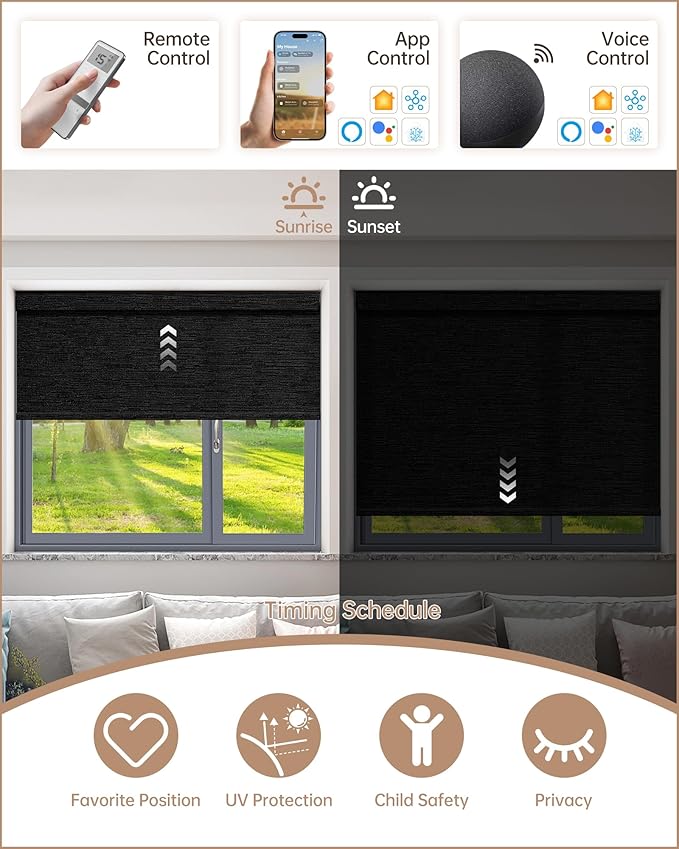 Kincmo Motorized Blinds with Remote, Light Filtering Roller Shades Work with Apple Homekit,Alexa,Google Home, Custom Electric Blinds with App,Voice Control (75% Blackout Aqua Waves Black)