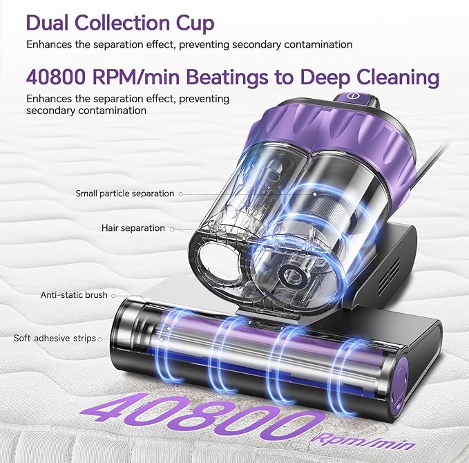 Mattress Vacuum Cleaner 18Kpa Bed Vacuum Cleaner with Smart Dust Sensor,UV-C Light,HEPA Filter,150°F Heat,500W Powerful Handheld,for Pet Hair,Sofa,Couch CribValentine's Day Gift Ideas for Women