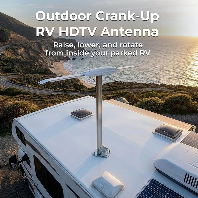 Winegard RV-3095 Sensar III Amplified Outdoor RV Antenna - Crank-Up Batwing HDTV - VHF/UHF, Digital, 4K Ready - Rotation Aiming 65 Mile Long Range - 48 Inch Raised Height