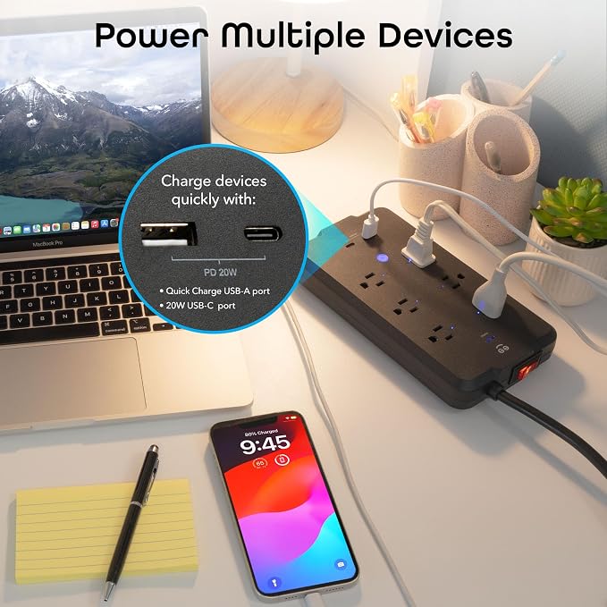 Geeni Smart Plug Power Strip, 6 Outlets & 2 USB Ports, Surge, 6 ft., Black | 6 smart outlets, 2 always-on outlets, Wi-Fi & voice control, 1200 joules protection
