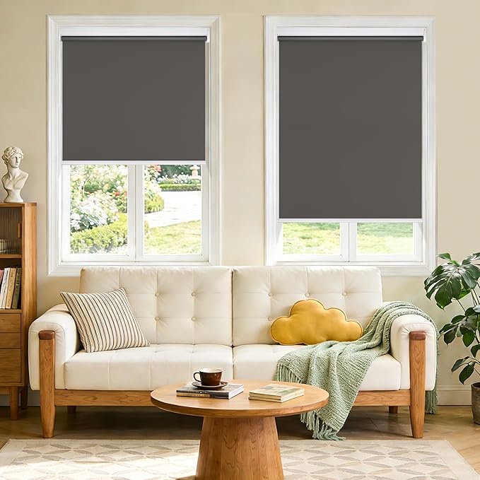 Grandekor Motorized Roller Shade with Remote Control, Motorized Blinds 100% Blackout Electric Shades,Cordless Window Blinds Shades for Bedroom Living Room Office,Dark Grey,W48 xH72