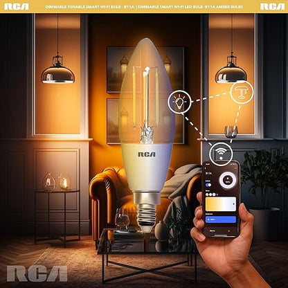 RCA WiFi Smart Light Bulbs Alexa Devices Compatible, Google Home, Amber B11 Vintage LED Light Bulb, 4W (40W Eq), 320 Lumens Dimmable LED Light Bulbs, Control with Smartphone, Tunable