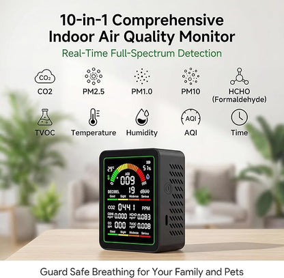 10 in 1 Indoor Air Quality Monitor, Portable Smart Air Quality Tester for CO2, CO, TVOC, HCHO, Temp, Hum, AQI, PM0.3-1, NVH, Formaldehyde Detector for Home, Car, Plants, Hotel, Pets