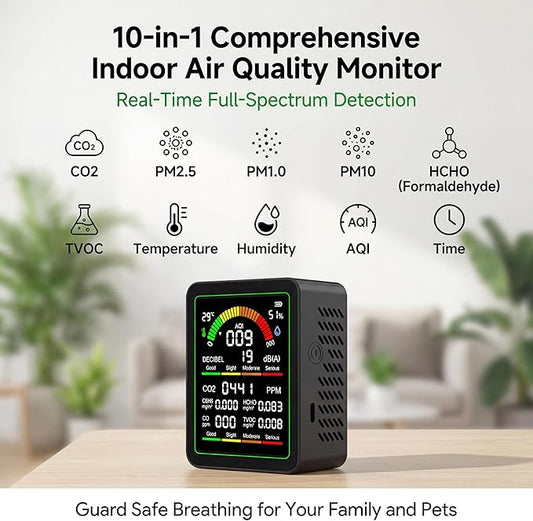 10 in 1 Indoor Air Quality Monitor, Portable Smart Air Quality Tester for CO2, CO, TVOC, HCHO, Temp, Hum, AQI, PM0.3-1, NVH, Formaldehyde Detector for Home, Car, Plants, Hotel, Pets