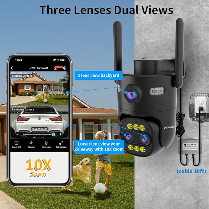 Triple-Lens Outdoor Security Camera Auto Zoom & Tracking,with 10X Hybrid Zoom,Wired 2.4G/5G WiFi Camera for Home Security,24/7 Continuous Recording,Plug-in Power,Work With NVR/DVR Surveillance System