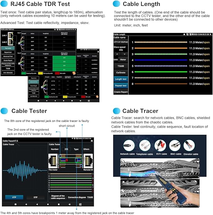 EVERSECU 7 Inch Touch Screen CCTV Tester Supports Up to 8K IP Camera & 8.0 Megapixel HD & CVBS Analog Camera, TDR Cable Test, Built in Wi-Fi, Video Level Meter, POE/DC Power Output
