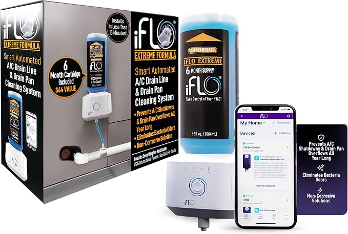 iFLO Smart Automated AC Drain Line HVAC Cleaning System (6 Month Supply) | Easy Installation, App-Controlled Air Conditioner Maintenance Kit for Drain Line & Drain Pan, Includes 36oz Cleaner Cartridge