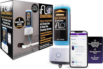 iFLO Smart Automated AC Drain Line HVAC Cleaning System (6 Month Supply) | Easy Installation, App-Controlled Air Conditioner Maintenance Kit for Drain Line & Drain Pan, Includes 36oz Cleaner Cartridge