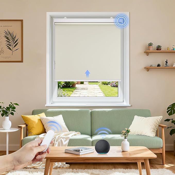 Grandekor Motorized Blinds with Remote Control, Blackout Roller Shade Electric Shades Cordless Smart Blinds for Bedroom Living Room Office,Cream,W27xH72