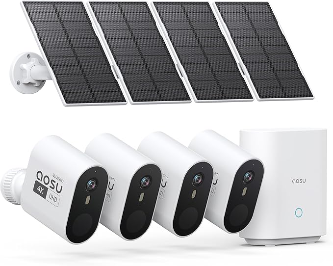 aosu 3K/5MP Security Cameras Outdoor Wireless Home Surveillance System, Solar Powered, 166° Ultra-Wide-Angle, HD Color Night Vision, Spotlight & Siren Alarm, Motion Alert, Easy Setup, 4-Cam-Kit