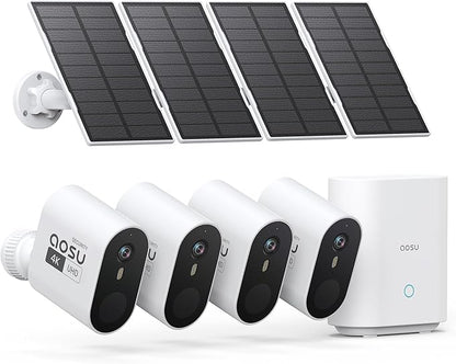 aosu 3K/5MP Security Cameras Outdoor Wireless Home Surveillance System, Solar Powered, 166° Ultra-Wide-Angle, HD Color Night Vision, Spotlight & Siren Alarm, Motion Alert, Easy Setup, 4-Cam-Kit