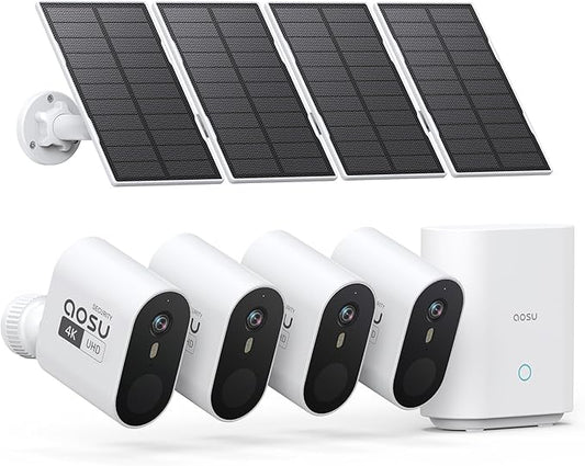 aosu 3K/5MP Security Cameras Outdoor Wireless Home Surveillance System, Solar Powered, 166° Ultra-Wide-Angle, HD Color Night Vision, Spotlight & Siren Alarm, Motion Alert, Easy Setup, 4-Cam-Kit