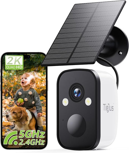 2K Solar Security Cameras Wireless Outdoor, 2.4G/5G WiFi, Powered by Sun Rechargeable Battery Backup, Color Night Vision, PIR AI Motion Detection, 2 Way Talk, IP66, Works with Alexa/Cloud/SD