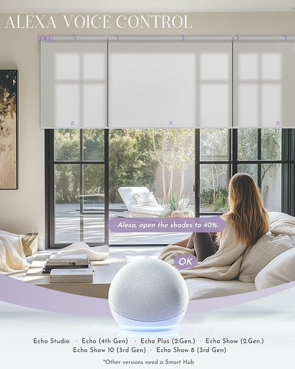 Graywind Smart Coupled Roller Shades Compatible with Alexa Google Custom Size Extra Large Motorized Blinds for Windows(Pure White)
