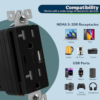 TOPGREENER 2-Port USB Outlet, 4.2A Type C USB Wall Outlet, Black, 6 Pack | UL Listed, 20 Amp TR Receptacle Plug, USB Receptacle, Charging Power Outlet with USB C & A Ports, Wall Plate Included