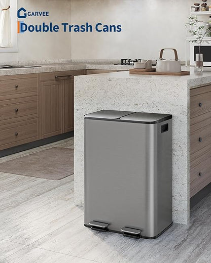 Garvee Double Trash Can, 2 x 8 gal (2 x 30 L) Garbage Can for Kitchen Dual Compartment Recycling Kitchen Step Trash Bin, Stainless Steel Trash and Recycle Bin Combo with Soft-Close Lid,Matte Grey