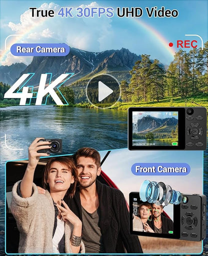 4K Digital Camera for Photography- 64MP Autofocus Vlogging Camera with Dual Lens, 18X Digital Zoom- Small Point and Shoot Camera with Card and 2000mAh for YouTube, Travel, Beginners (Black)