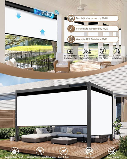 Kincmo Motorized Outdoor Shades for Patio Porch, Custom Outdoor Motorized Blinds with Remote, Waterproof & Windproof Patio Shades Work with Apple Home,Alexa,Google (0% Openness White)