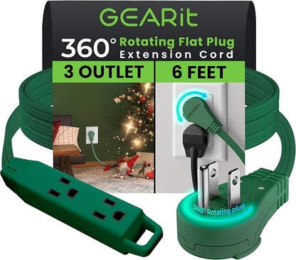 GEARit 6 ft 360° Rotating Flat Plug Extension Cord, 3 Outlet Low Profile Power Cord, 16 AWG 13A 3 Prong Grounded Indoor Cord, ETL Listed, Space-Saving for Furniture, Green