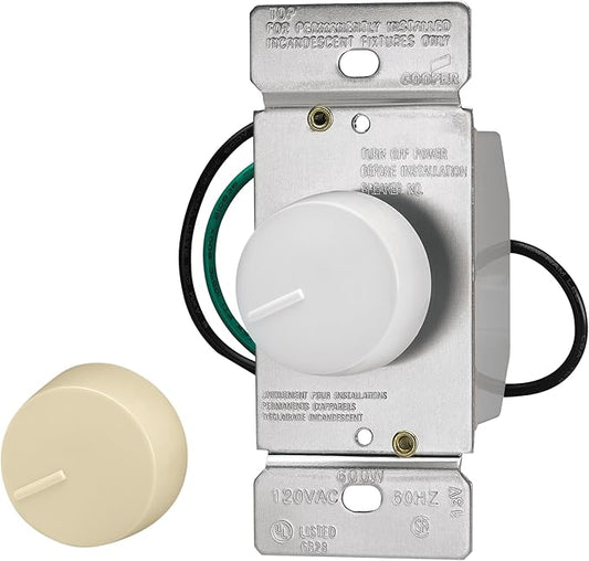 Eaton RI061-VW-K2 600-Watt 120-Volt Single-Pole Incandescent/Halogen Dimmer with Non-Preset, Ivory and White Knobs