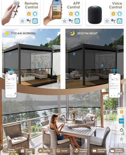 Kincmo Motorized Outdoor Shades for Patio Porch, Custom Outdoor Motorized Blinds with Remote, Waterproof & Windproof Patio Shades Work with Apple Homekit,Alexa,Google (5% Openness White Grey)