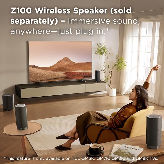 TCL Z100 Wireless Immersive 3D Home Theater Subwoofer QM6K, QM7K, QM8K, QM9K & X11L | Dolby Atmos Deep-Bass, Room-Filling Sound | Flexible Placement & Modern Design | Latest Model