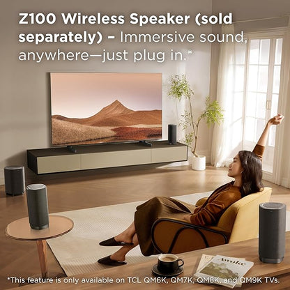 TCL Z100 Wireless Immersive 3D Home Theater Subwoofer QM6K, QM7K, QM8K, QM9K & X11L | Dolby Atmos Deep-Bass, Room-Filling Sound | Flexible Placement & Modern Design | Latest Model