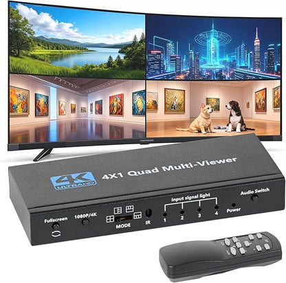 HDMI Multiviewer 4 in 1 Out, Seamless 4K HDMI Switcher with 9 Display Modes, Supports 4K 30Hz, Cascading, IR Remote for Security Cameras and Gaming Consoles