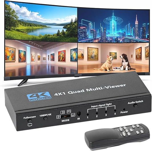 HDMI Multiviewer 4 in 1 Out, Seamless 4K HDMI Switcher with 9 Display Modes, Supports 4K 30Hz, Cascading, IR Remote for Security Cameras and Gaming Consoles