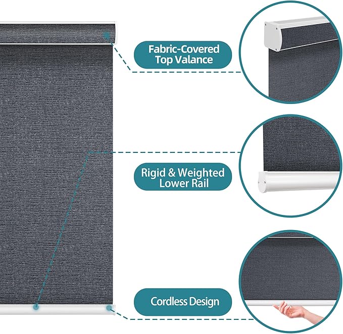 Changshade Custom Size Cordless Roller Shades, Light Filtering Roller Window Blinds with Thermal Insulated for Office, Living Room, Bedroom, Kitchen, Veins Black