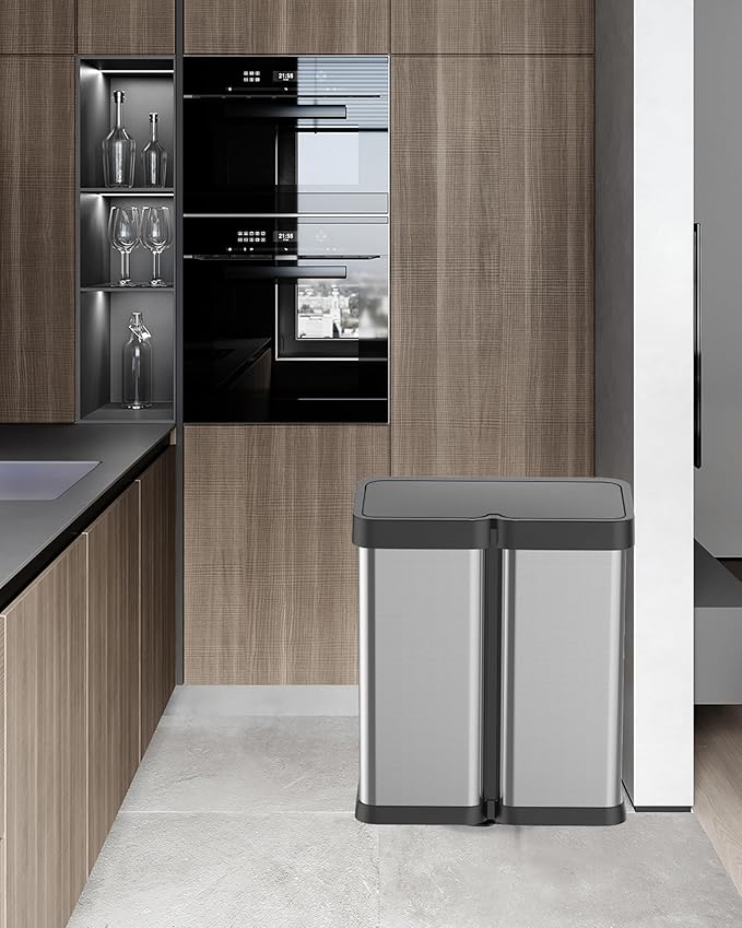 30L+30L Dual Compartment Motion Sensor Trash Can, 16Gal Automatic Kitchen Recycling Bin with Soft-Close Lid & Fingerproof Stainless Steel (Silver)