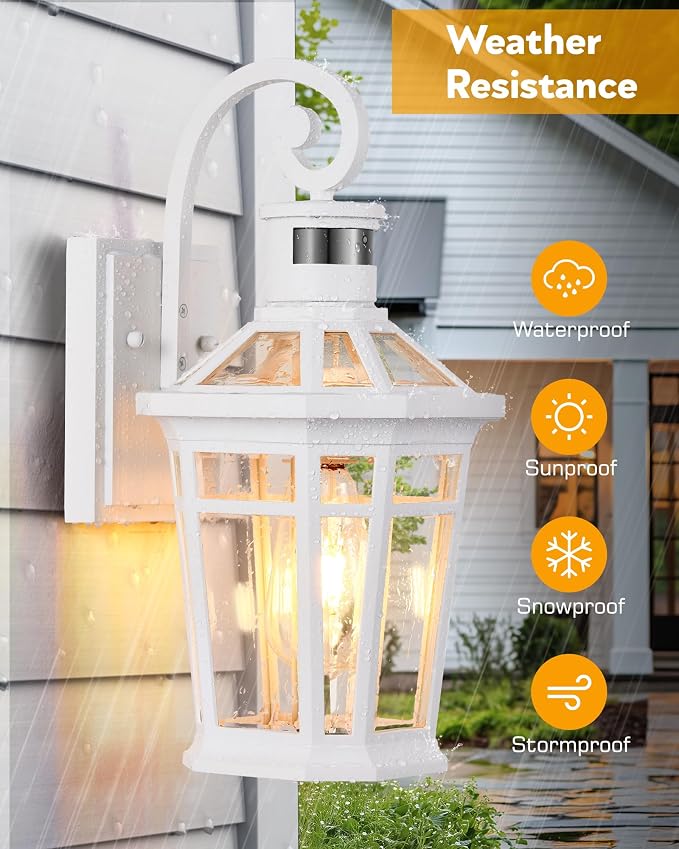 2 Pack Motion Sensor Outdoor Wall Lantern, White Outdoor Garage Lighting Fixtures Wall Mount, Waterproof Front Porch Lights with E26 Base, Exterior Sconce Light with Adjustable Sense Range