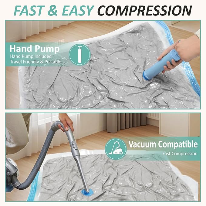 Vacuum Storage Bags with Hand Pump, Vacuum Seal Space Saver Bags,12 Medium | 80% Space-Saving Bags for Clothes, Pillows & Bedding; Double-Zip Airtight Seal; For Luggage, Home & Travel Storage