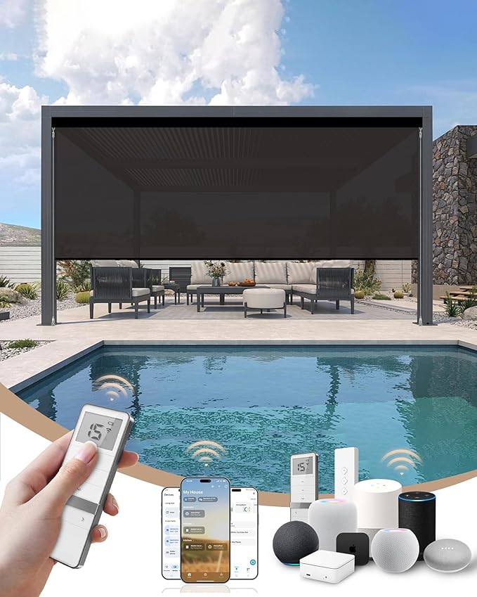Kincmo Motorized Outdoor Shades for Patio Porch, Custom Outdoor Motorized Blinds with Remote, Waterproof & Windproof Patio Shades Work with Apple Home,Alexa,Google (1% Openness Brown)
