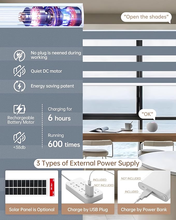 Kincmo Motorized Blinds with Remote, Motorized Zebra Shades Work with Apple Homekit,Alexa,Google Home, Customized Electric Blinds with Remote,App,Voice Control (100% Blackout Gentle Blue)