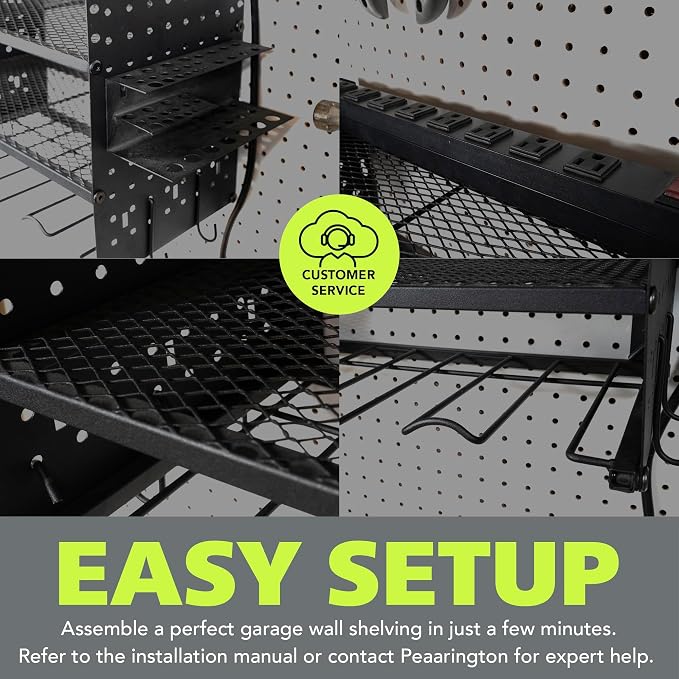 Pearington Modular Pegboard Rack, Power Tool Organizer with Battery Charging Station, Power Strip, 4-Layer Wall Mount Drill Holder