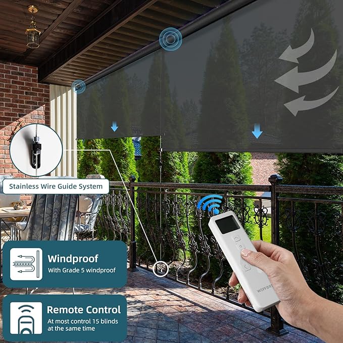 Motorized Outdoor Roller Shades,Patio Roll Up Blind Work with Alexa,Google Home,Apple Homekit,Remote Control Sun Shade,Waterproof &Windproof Smart Blinds for Porch,Sirus Dark Grey, 5% Openness