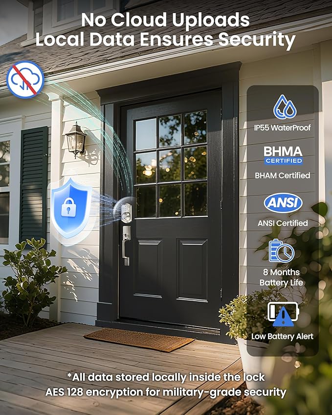 TEEHO TE012W-H WiFi Keypad Door Lock with Handle Set, Fingerprint Smart Locks, Front Door Keyless Entry, APP Remote & Voice Control, Digital Deadbolt with 2 Keys, Auto-Lock, Easy Install, Satin Nickel
