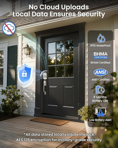 TEEHO TE012W-H WiFi Keypad Door Lock with Handle Set, Fingerprint Smart Locks, Front Door Keyless Entry, APP Remote & Voice Control, Digital Deadbolt with 2 Keys, Auto-Lock, Easy Install, Satin Nickel