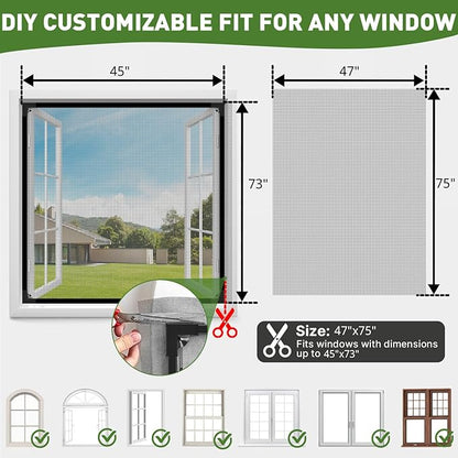 HOFUDON Window Screen Adjustable Magnetic Window Screen Replacement Max 47” x 75”, DIY Fiberglass Mesh Window Screens for House Windows Black Frame Grey Mesh