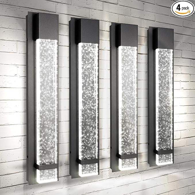 ASD LED 24" Bubble Glass Wall Light Fixture, Outdoor & Indoor Seeded Sconce | 3CCT, Waterproof, Dimmable, ETL Listed | 20W 600LM 3000-5000K 100-277V | Exterior Lantern, Porch Lighting | Black, 4 Pack