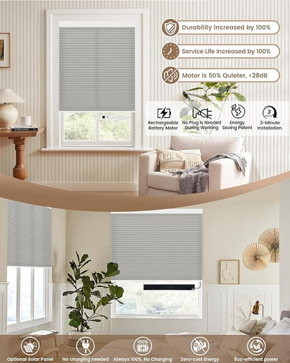 Kincmo Motorized Cellular Shades, Custom Motorized Blinds with Remote, Cordless Smart Electric Honeycomb Blinds Work with Apple HomeKit, Alexa, Google (85%-Blackout-Double-Cell Grey)