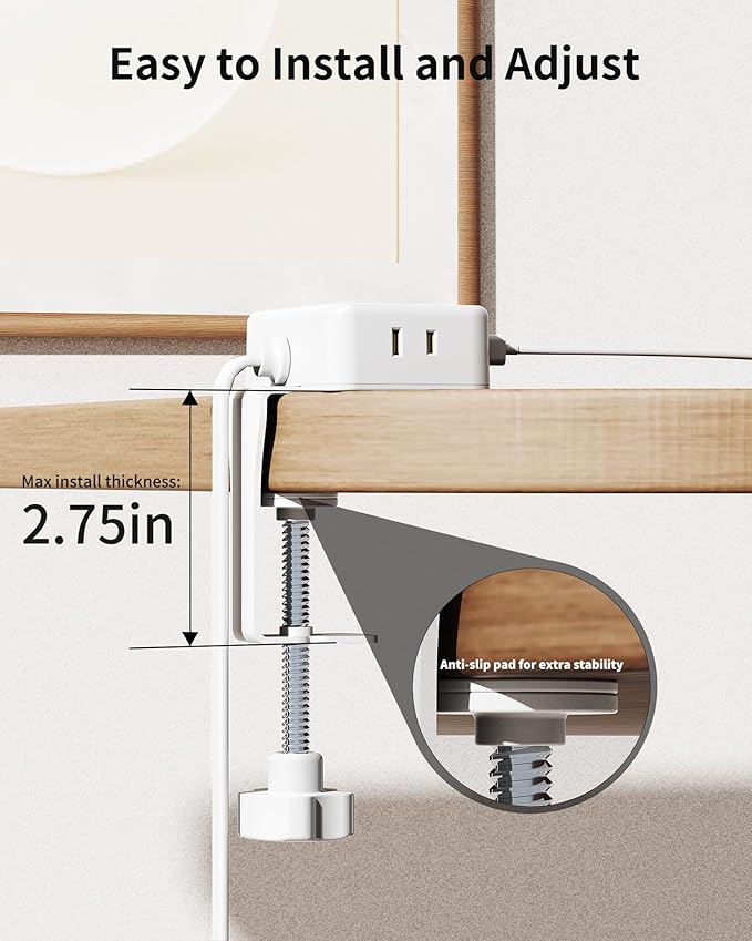 HOPOW Desk Clamp Power Strip, Desktop Mount Charging Station with 4 Outlets 4 USB Ports (2 USB C), 10Ft Under Desk Power Strip, Fits 2.75" Tabletop Edge, Extension Cord for Home Office, White