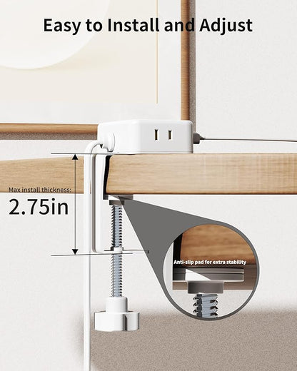 HOPOW Desk Clamp Power Strip, Desktop Mount Charging Station with 4 Outlets 4 USB Ports (2 USB C), 10Ft Under Desk Power Strip, Fits 2.75" Tabletop Edge, Extension Cord for Home Office, White