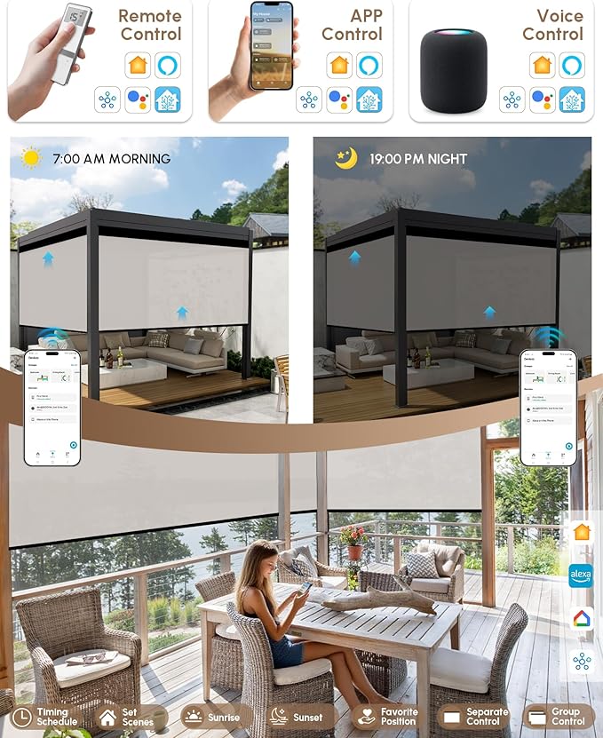 Kincmo Motorized Outdoor Shades for Patio Porch, Custom Outdoor Motorized Blinds with Remote, Waterproof & Windproof Patio Shades Work with Apple Homekit,Alexa,Google (1% Openness White)