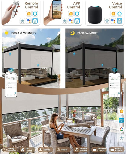 Kincmo Motorized Outdoor Shades for Patio Porch, Custom Outdoor Motorized Blinds with Remote, Waterproof & Windproof Patio Shades Work with Apple Homekit,Alexa,Google (1% Openness White)