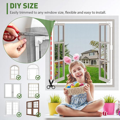 HOFUDON Window Screen Adjustable Magnetic Window Screen Replacement Max 23” x 34”, DIY Fiberglass Mesh Window Screens for House Windows White Frame Grey Mesh