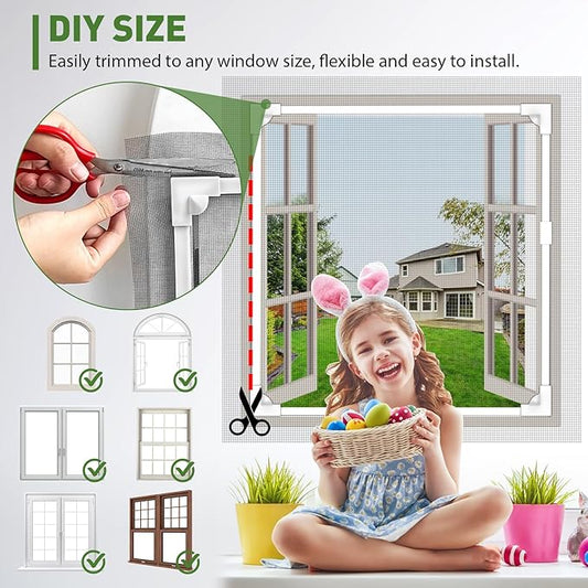 HOFUDON Window Screen Adjustable Magnetic Window Screen Replacement Max 23” x 34”, DIY Fiberglass Mesh Window Screens for House Windows White Frame Grey Mesh