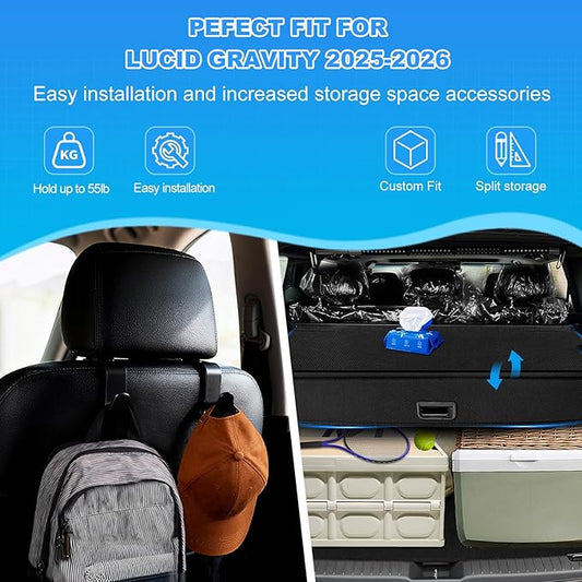 AUXKO Retractable Cargo Cover for Lucid Gravity 2026-2025 with 4PCS Car Headrest Hooks, Trunk Cargo Cover Luggage Security Shade Cover Shielding Shade Anti-Peeping Luggage Privacy Screen, Carbon Fiber