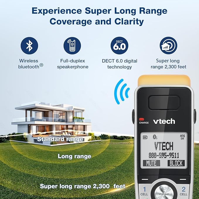 VTech IS8151-3 Super Long Range 3 Handset DECT 6.0 Cordless Phone for Home with Answering Machine, 2300 ft Range, Call Blocking, Bluetooth, Headset Jack, Power Backup, Intercom, Expandable to 12 HS